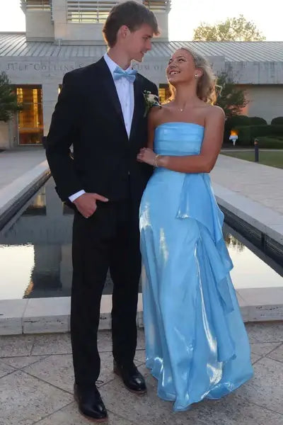 Luolandi Elegant A-Line Pleated Strapless Sleeveless Blue Graduation Dress Charming Long Party Prom Dress With Slit