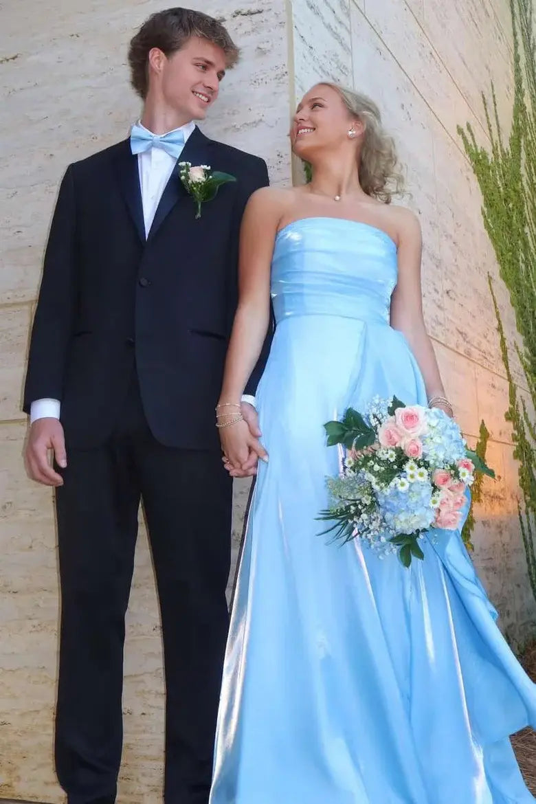 Luolandi Elegant A-Line Pleated Strapless Sleeveless Blue Graduation Dress Charming Long Party Prom Dress With Slit