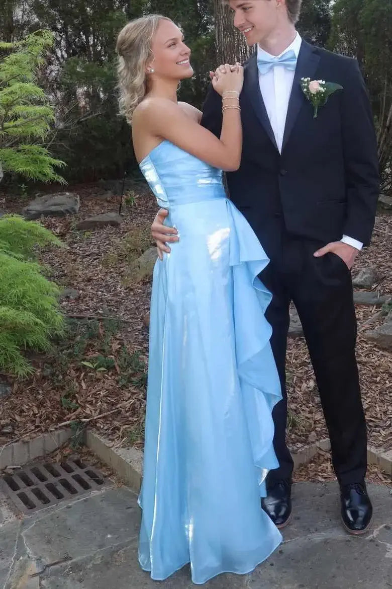 Luolandi Elegant A-Line Pleated Strapless Sleeveless Blue Graduation Dress Charming Long Party Prom Dress With Slit