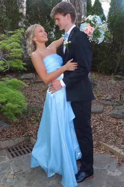 Luolandi Elegant A-Line Pleated Strapless Sleeveless Blue Graduation Dress Charming Long Party Prom Dress With Slit