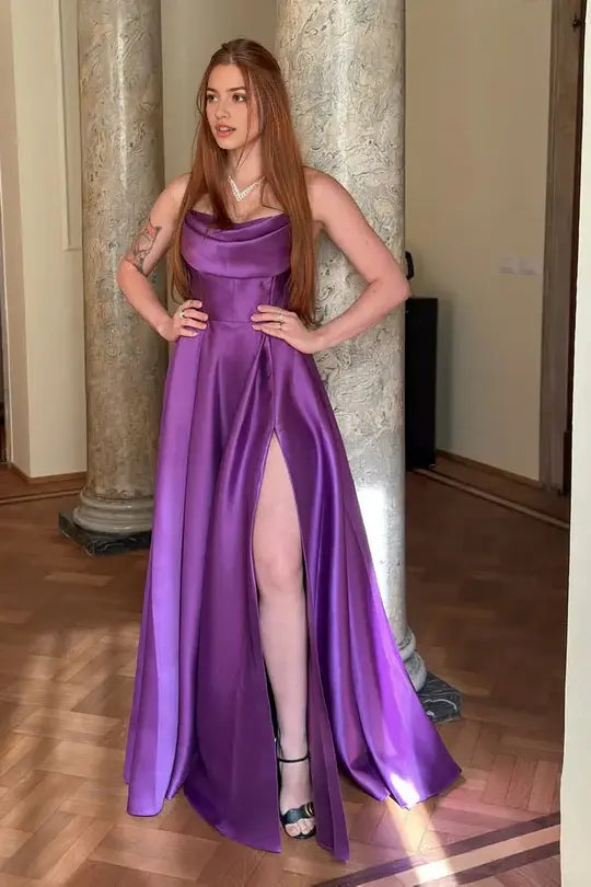 Luolandi Elegant A-Line Sleeveless Purple Satin Long Formal Prom Dress Pretty Evening Party Dress With Slit