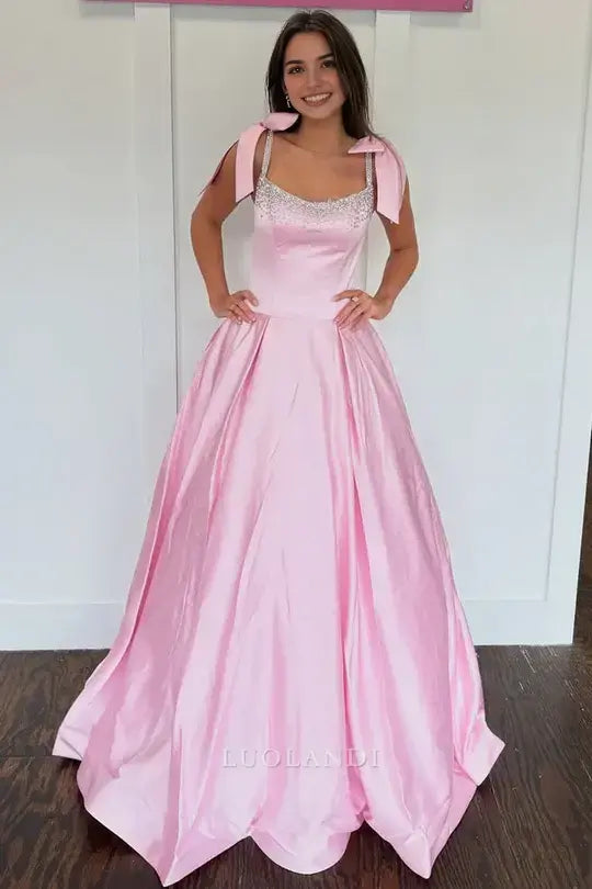 Luolandi Elegant A-Line Sleeveless Satin Beaded Long Formal Prom Dress Lovely Party Dress Cute Evening Gown With Bow