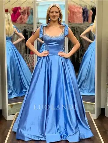 Luolandi Elegant A-Line Sleeveless Satin Beaded Long Formal Prom Dress Lovely Party Dress Cute Evening Gown With Bow
