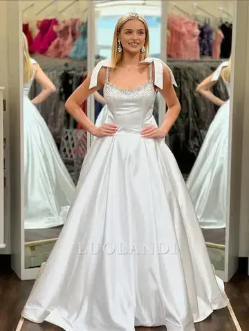 Luolandi Elegant A-Line Sleeveless Satin Beaded Long Formal Prom Dress Lovely Party Dress Cute Evening Gown With Bow