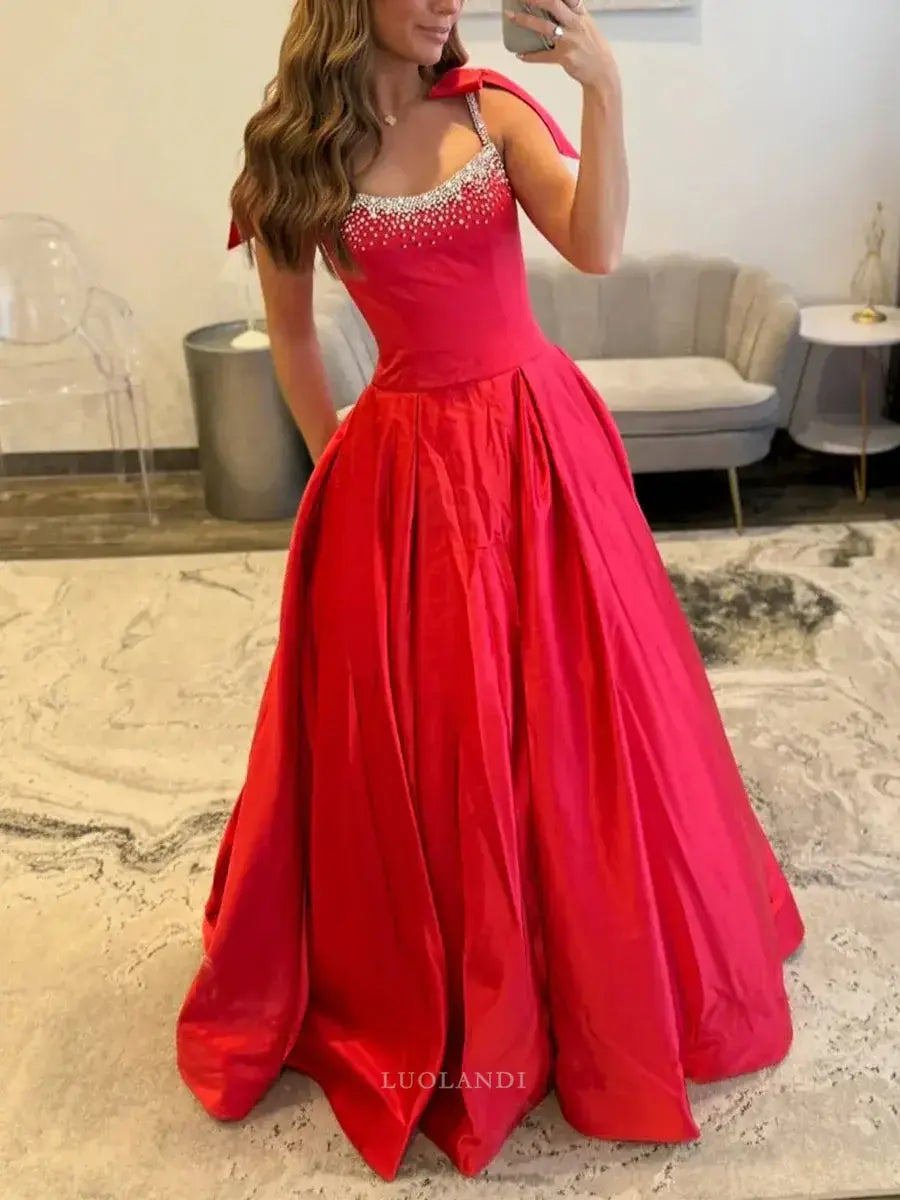 Luolandi Elegant A-Line Sleeveless Satin Beaded Long Formal Prom Dress Lovely Party Dress Cute Evening Gown With Bow