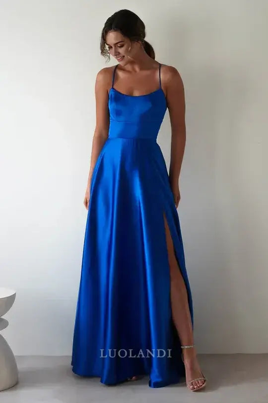 Luolandi Elegant A-Line Spaghetti Straps Satin Long Prom Dress Simple Evening Party Dress With Slit