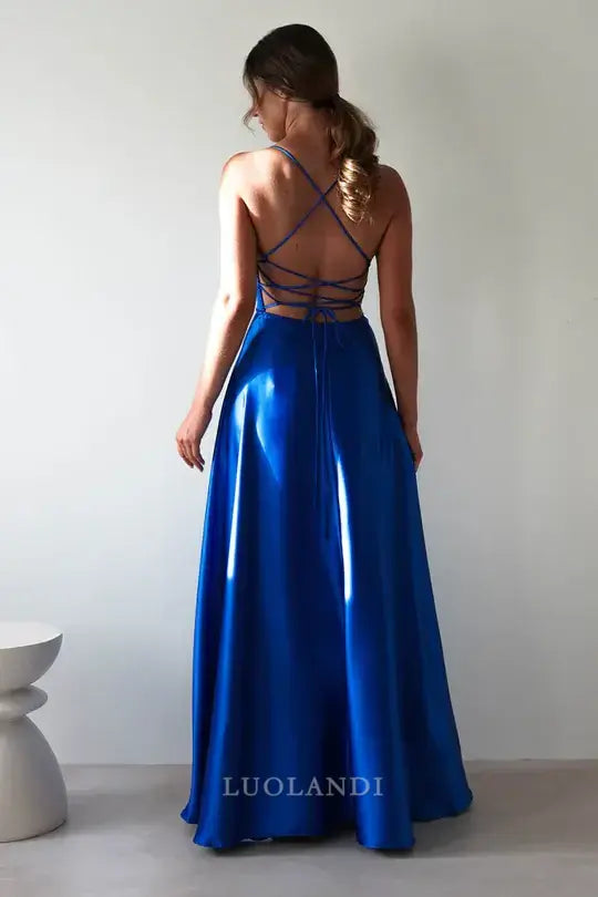 Luolandi Elegant A-Line Spaghetti Straps Satin Long Prom Dress Simple Evening Party Dress With Slit
