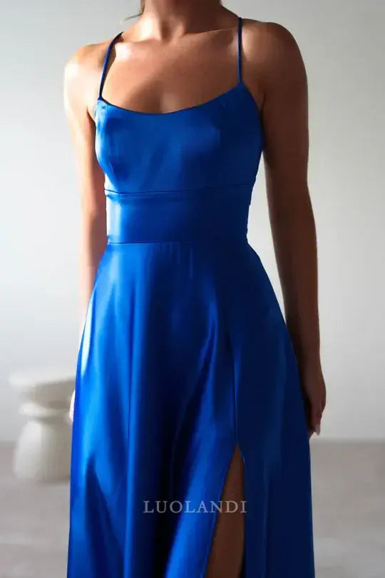 Luolandi Elegant A-Line Spaghetti Straps Satin Long Prom Dress Simple Evening Party Dress With Slit