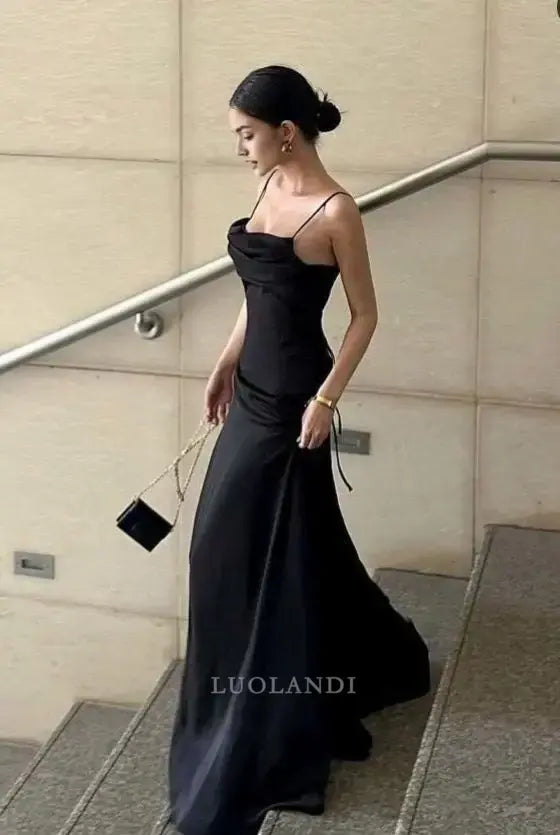 Luolandi Elegant A-Line Spaghetti Straps Sleeveless Party Evening Gown Black Long Formal Prom Dress Simple Graduation Dress