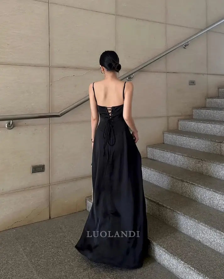 Luolandi Elegant A-Line Spaghetti Straps Sleeveless Party Evening Gown Black Long Formal Prom Dress Simple Graduation Dress