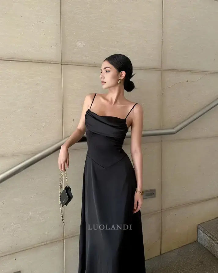 Luolandi Elegant A-Line Spaghetti Straps Sleeveless Party Evening Gown Black Long Formal Prom Dress Simple Graduation Dress