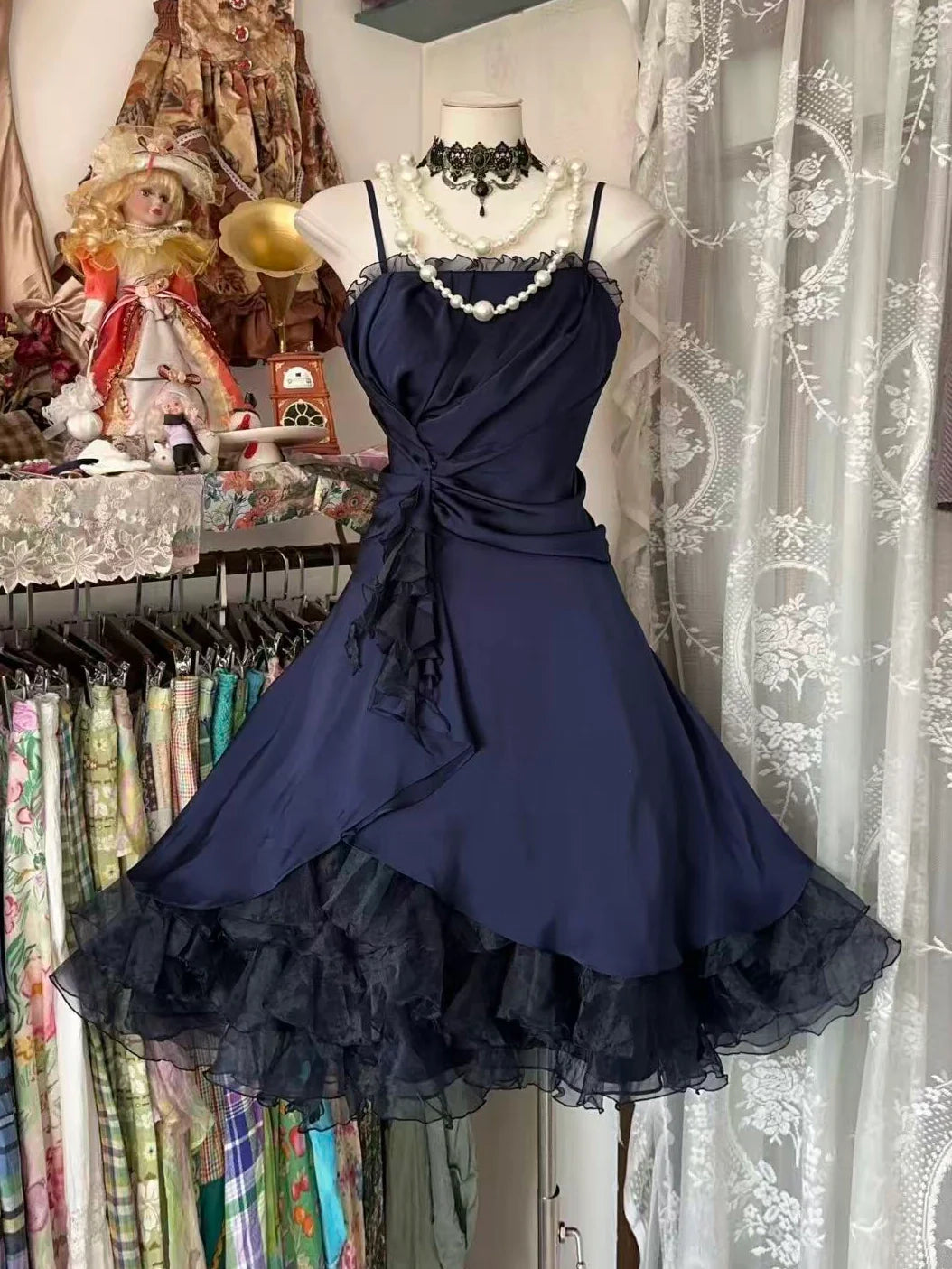 Luolandi Elegant A-Line Spaghetti Straps Sleeveless Ruched Layered Blue Cocktail Homecoming Dress