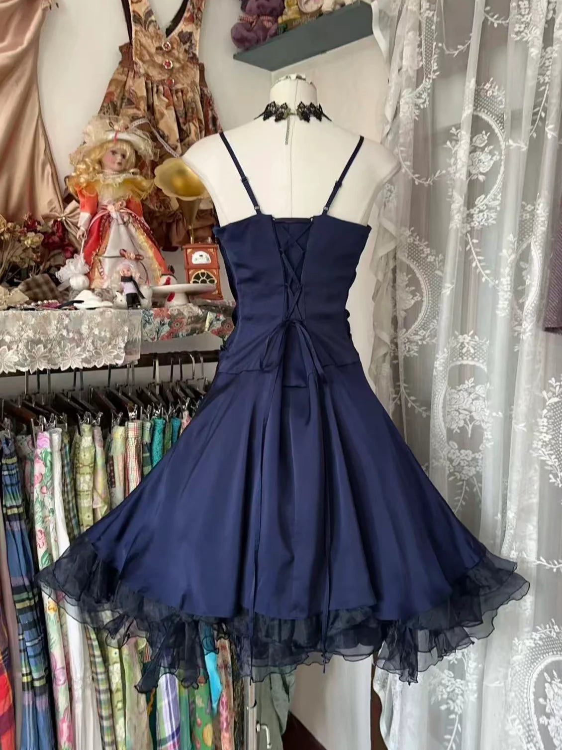 Luolandi Elegant A-Line Spaghetti Straps Sleeveless Ruched Layered Blue Cocktail Homecoming Dress
