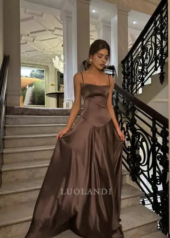 Luolandi Elegant A-Line Spaghetti Straps Sleeveless Satin Long Formal Prom Dresses Sweet Graduation Dress Cute Party Evening Gowns
