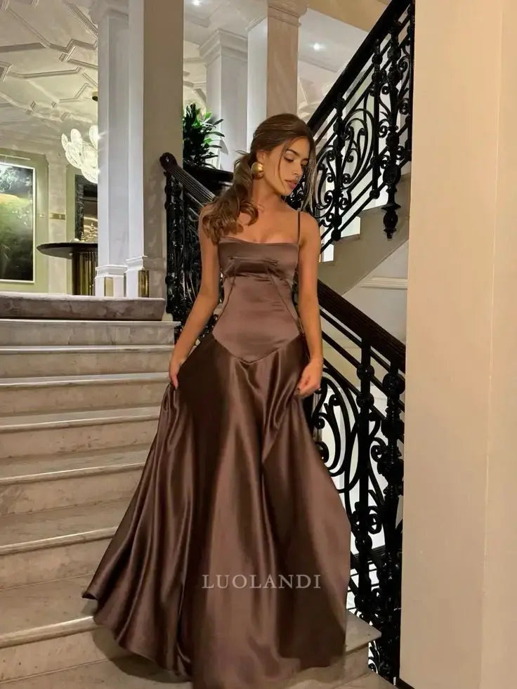 Luolandi Elegant A-Line Spaghetti Straps Sleeveless Satin Long Formal Prom Dresses Sweet Graduation Dress Cute Party Evening Gowns