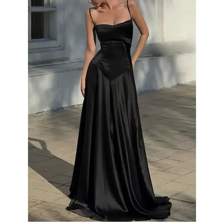 Luolandi Elegant A-Line Spaghetti Straps Sleeveless Satin Long Formal Prom Dresses Sweet Graduation Dress Cute Party Evening Gowns