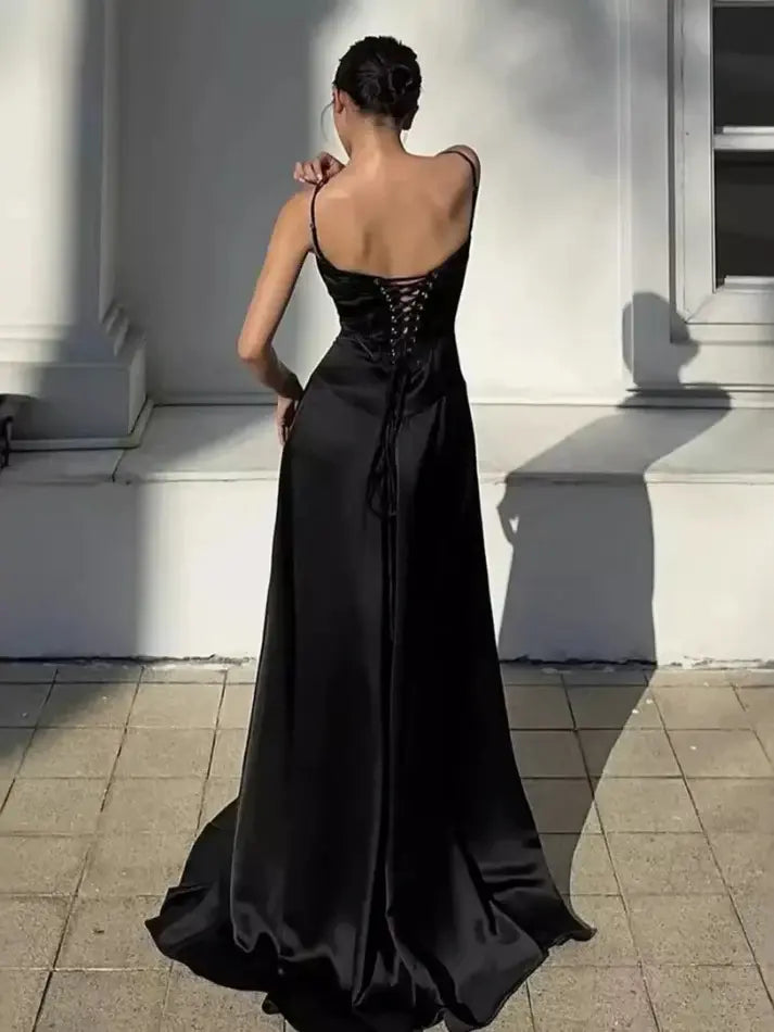 Luolandi Elegant A-Line Spaghetti Straps Sleeveless Satin Long Formal Prom Dresses Sweet Graduation Dress Cute Party Evening Gowns