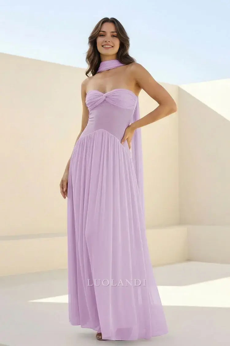 Luolandi Elegant A-Line Strapless Chiffon Pleated Long Formal Prom Dress Charming Party Evening Gowns Sweet Wedding Guest Dress