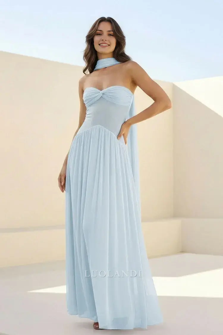 Luolandi Elegant A-Line Strapless Chiffon Pleated Long Formal Prom Dress Sweet Wedding Guest Dress Charming Party Evening Gowns