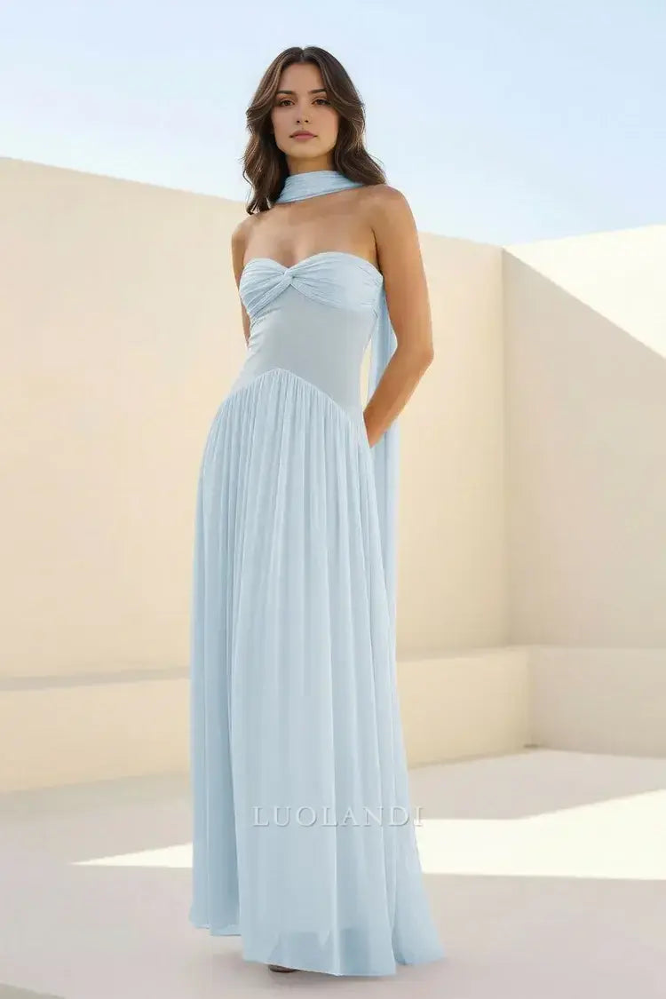 Luolandi Elegant A-Line Strapless Chiffon Pleated Long Formal Prom Dress Sweet Wedding Guest Dress Charming Party Evening Gowns