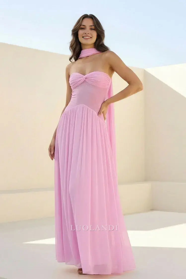 Luolandi Elegant A-Line Strapless Pleated Chiffon Long Formal Prom Dress Sweet Wedding Guest Dress Charming Party Evening Gowns