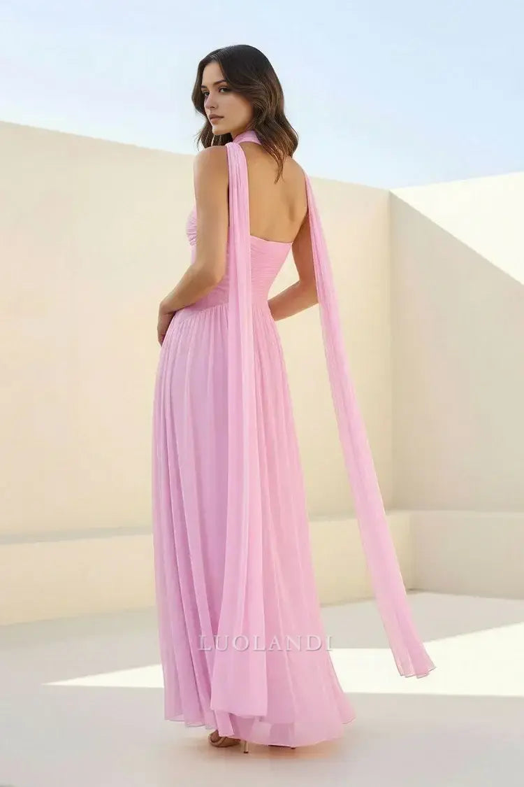Luolandi Elegant A-Line Strapless Pleated Chiffon Long Formal Prom Dress Sweet Wedding Guest Dress Charming Party Evening Gowns