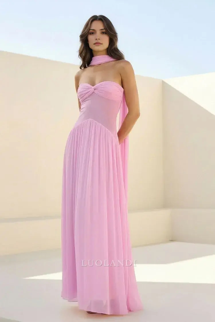 Luolandi Elegant A-Line Strapless Pleated Chiffon Long Formal Prom Dress Sweet Wedding Guest Dress Charming Party Evening Gowns