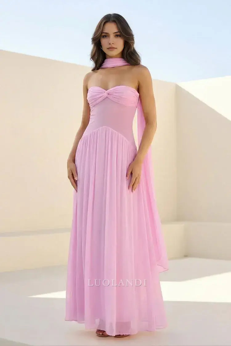 Luolandi Elegant A-Line Strapless Pleated Chiffon Long Formal Prom Dress Sweet Wedding Guest Dress Charming Party Evening Gowns