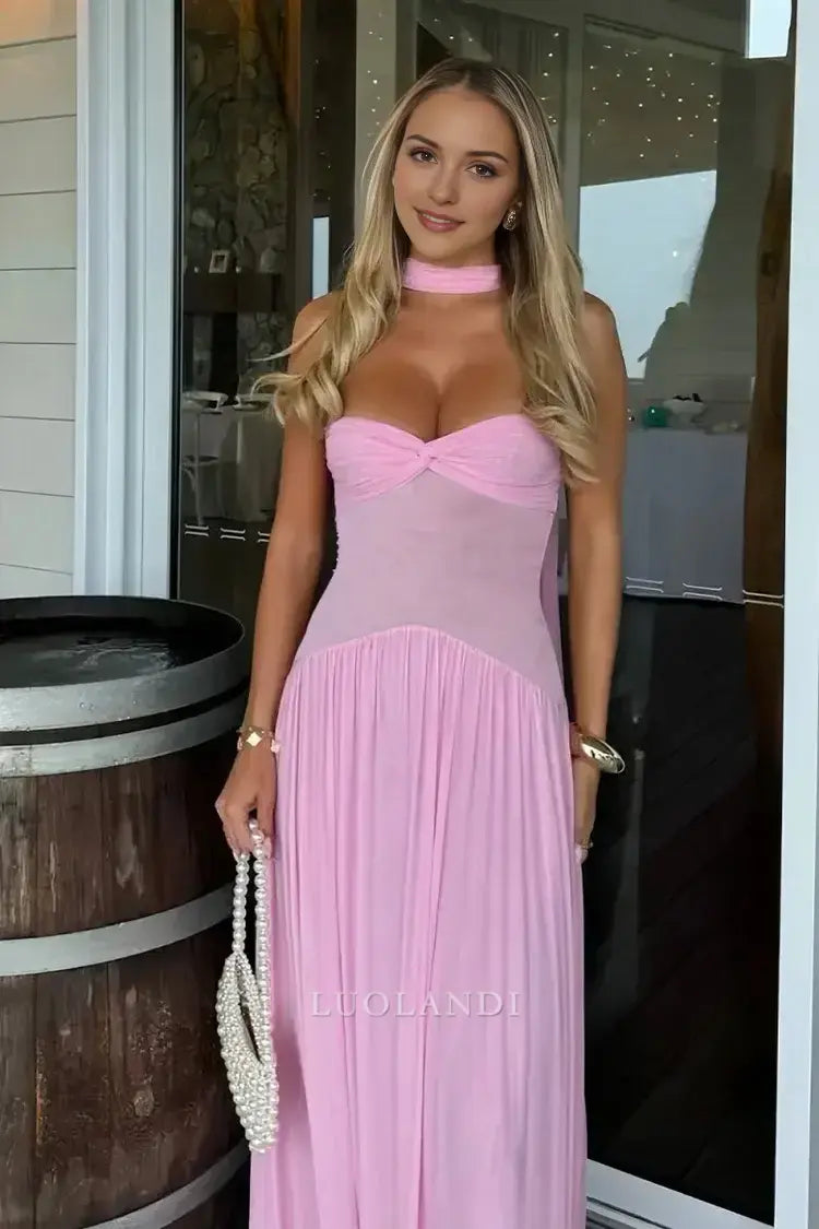 Luolandi Elegant A-Line Strapless Pleated Chiffon Long Formal Prom Dress Sweet Wedding Guest Dress Charming Party Evening Gowns