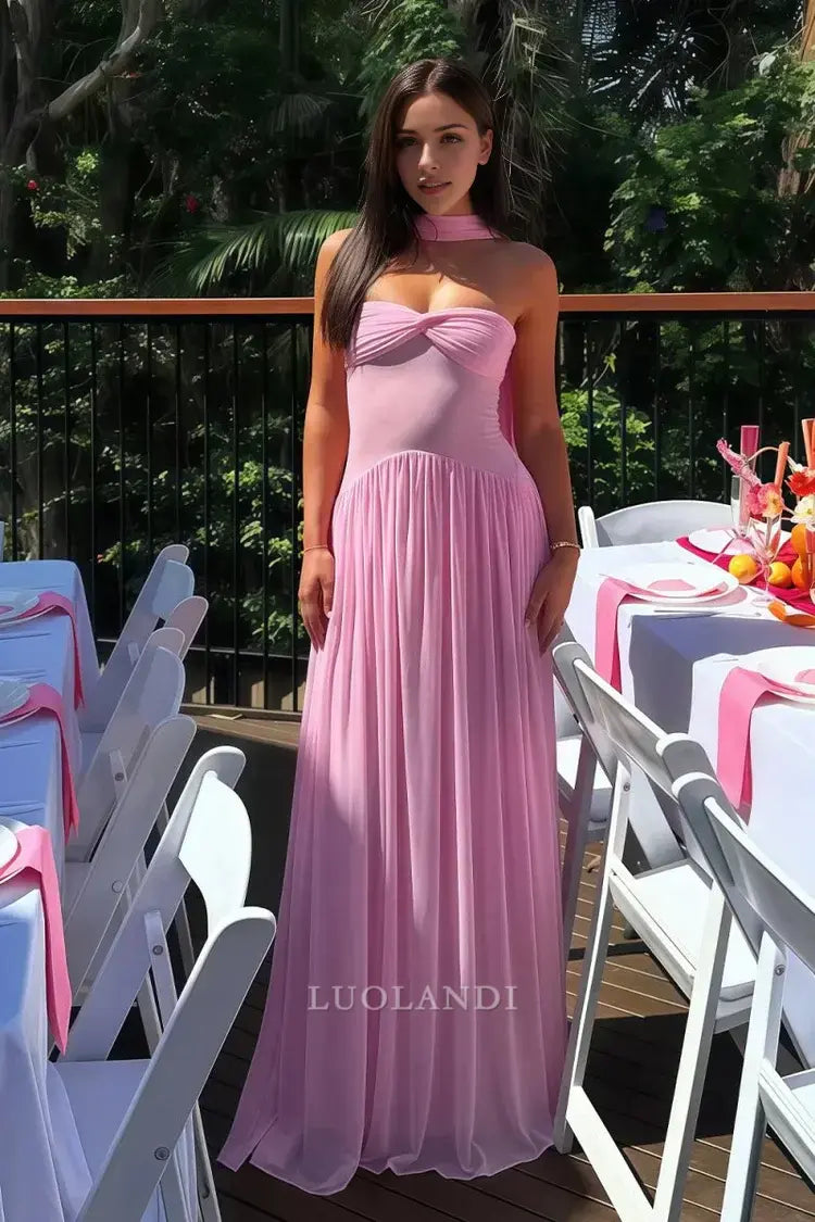 Luolandi Elegant A-Line Strapless Pleated Chiffon Long Formal Prom Dress Sweet Wedding Guest Dress Charming Party Evening Gowns