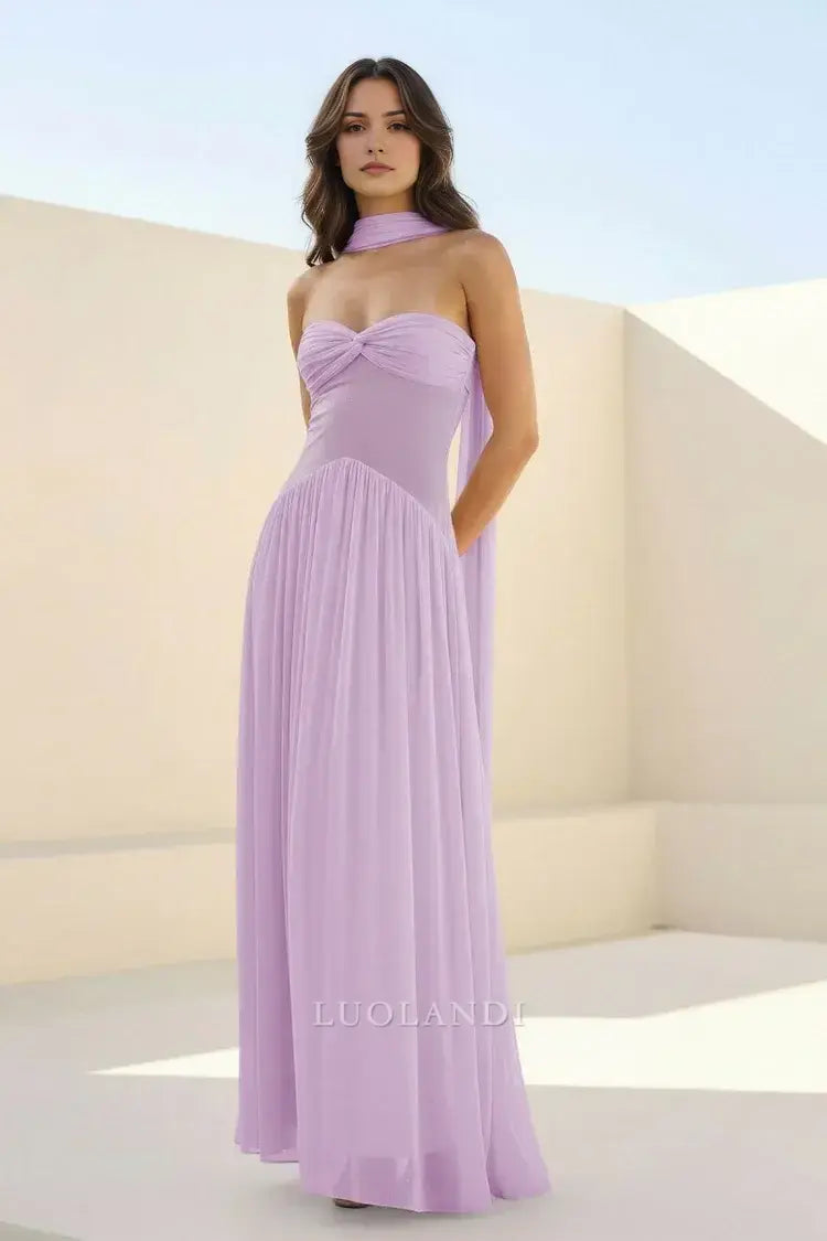 Luolandi Elegant A-Line Strapless Chiffon Pleated Long Formal Prom Dress Charming Party Evening Gowns Sweet Wedding Guest Dress