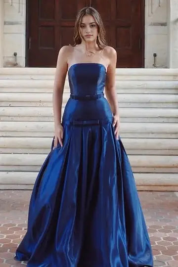 Luolandi Elegant A-Line Strapless Sleeveless Blue Long Formal Prom Dress Pretty Evening Party Dress