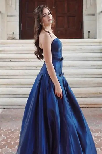 Luolandi Elegant A-Line Strapless Sleeveless Blue Long Formal Prom Dress Pretty Evening Party Dress