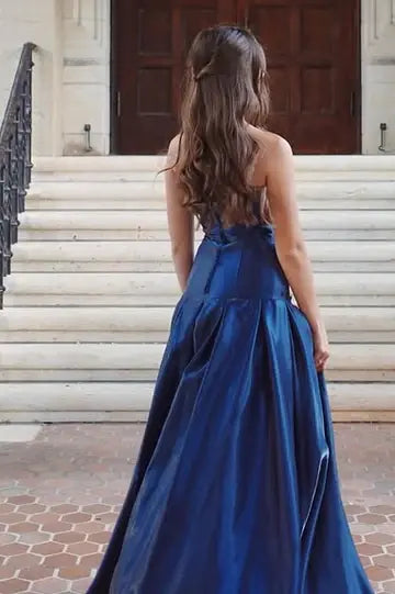Luolandi Elegant A-Line Strapless Sleeveless Blue Long Formal Prom Dress Pretty Evening Party Dress