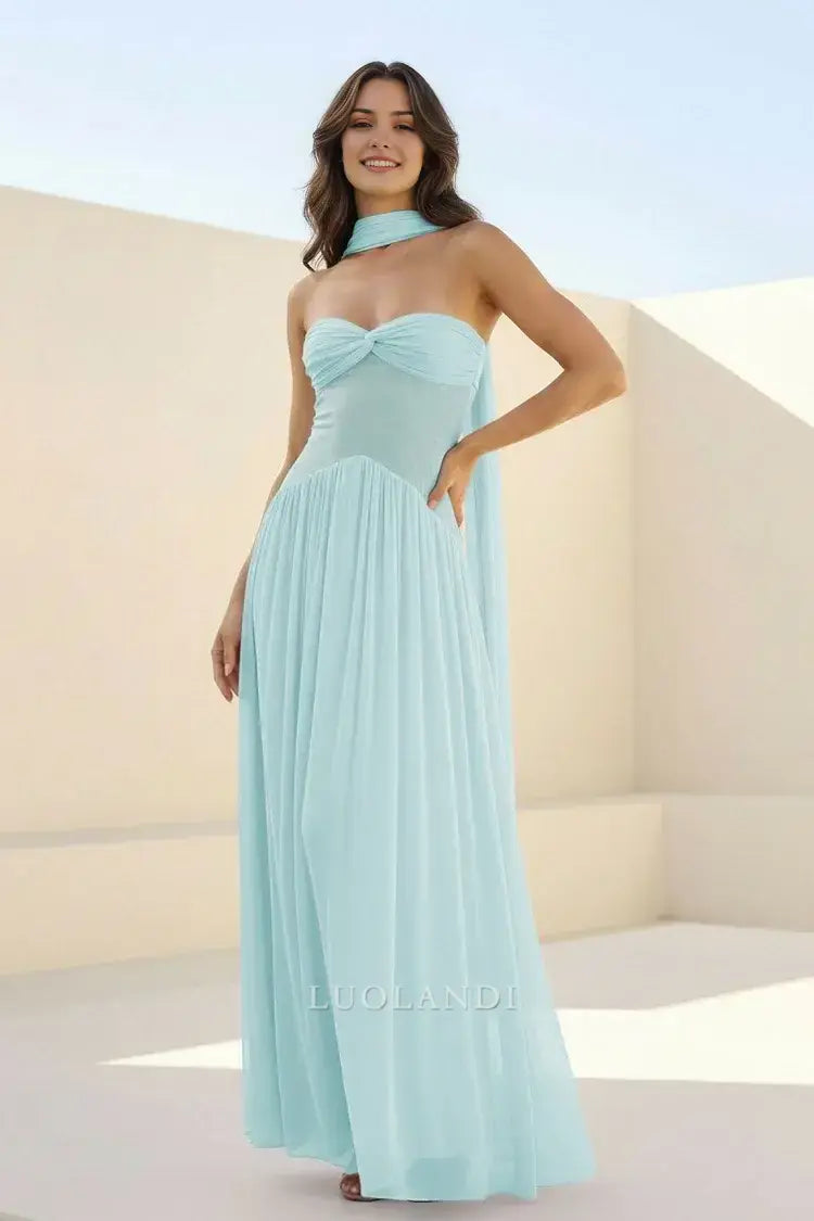 Luolandi Elegant A-Line Strapless Sleeveless Chiffon Pleated Long Formal Prom Dress Charming Party Evening Gowns Sweet Wedding Guest Dress