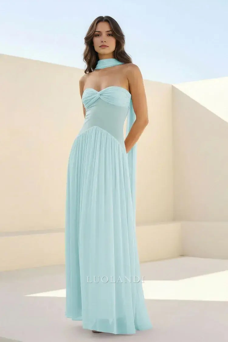 Luolandi Elegant A-Line Strapless Sleeveless Chiffon Pleated Long Formal Prom Dress Charming Party Evening Gowns Sweet Wedding Guest Dress