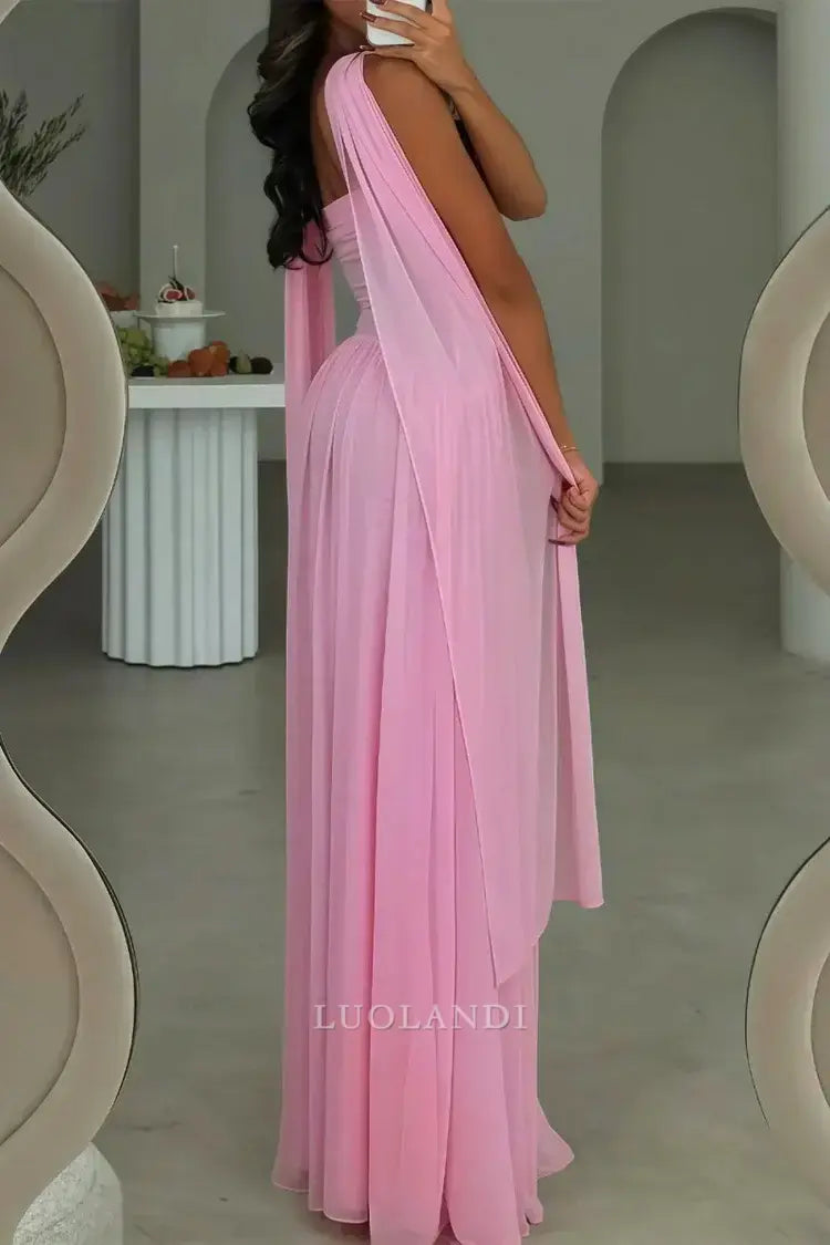 Luolandi Elegant A-Line Strapless Sleeveless Pleated Chiffon Long Formal Prom Dress Sweet Wedding Guest Dress Charming Party Evening Gowns