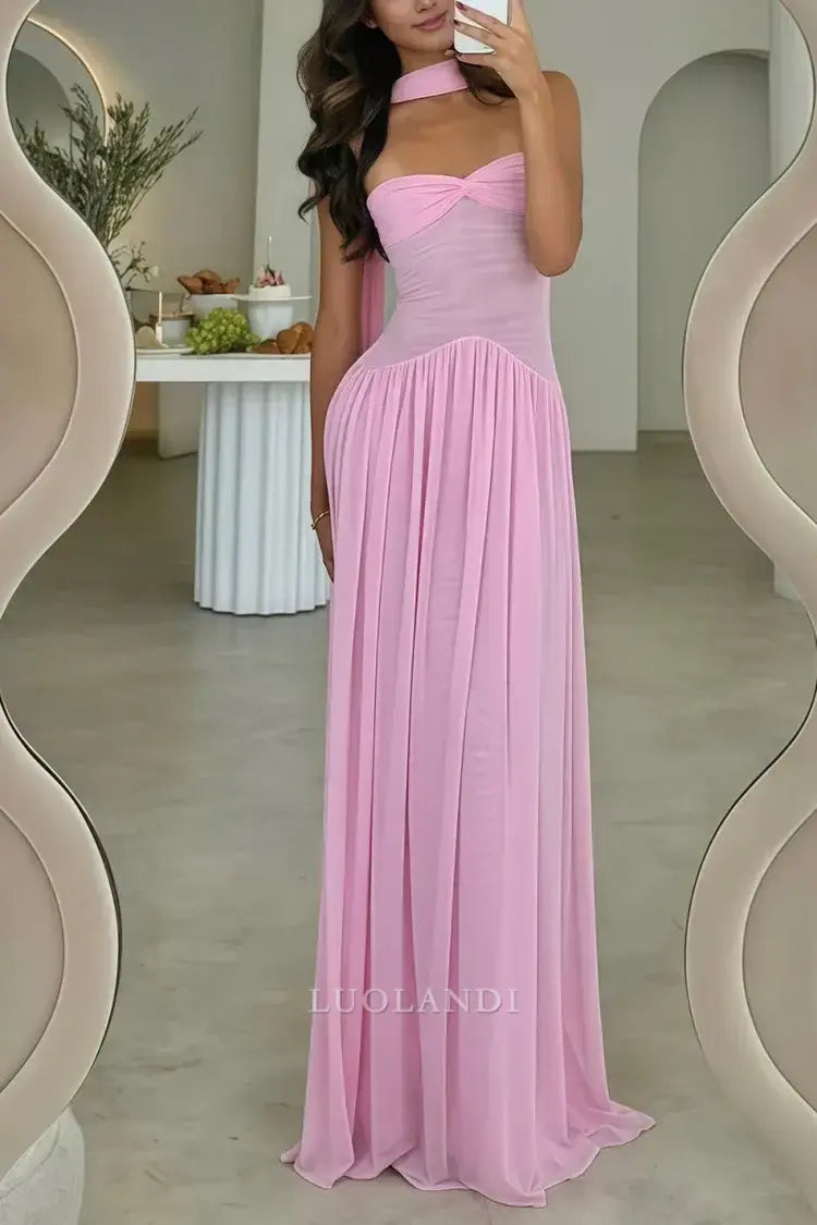Luolandi Elegant A-Line Strapless Sleeveless Pleated Chiffon Long Formal Prom Dress Sweet Wedding Guest Dress Charming Party Evening Gowns
