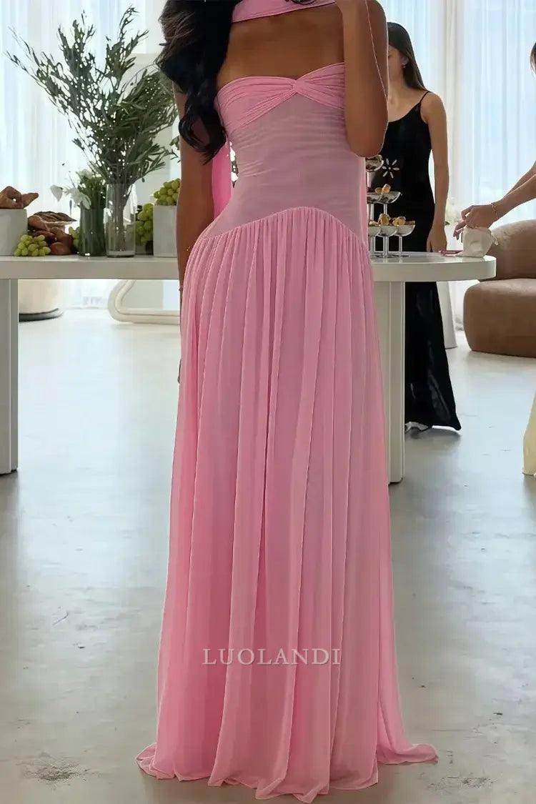 Luolandi Elegant A-Line Strapless Sleeveless Pleated Chiffon Long Formal Prom Dress Sweet Wedding Guest Dress Charming Party Evening Gowns