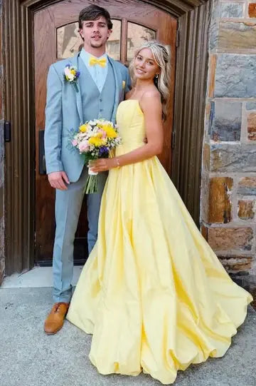Luolandi Elegant A-Line Strapless Sleeveless Yellow Long Formal Prom Dress Pretty Evening Party Dress