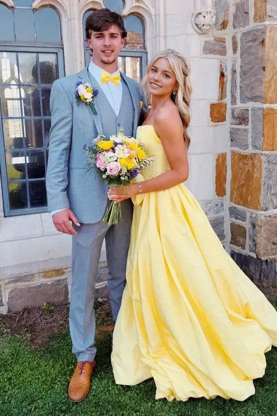 Luolandi Elegant A-Line Strapless Sleeveless Yellow Long Formal Prom Dress Pretty Evening Party Dress