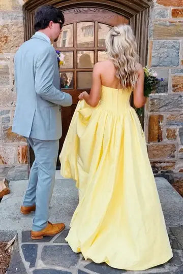 Luolandi Elegant A-Line Strapless Sleeveless Yellow Long Formal Prom Dress Pretty Evening Party Dress