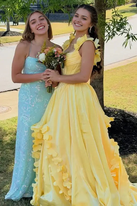 Luolandi Elegant A-Line Straps Sleeveless Yellow Long Formal Prom Dress Charming Evening Party Dress