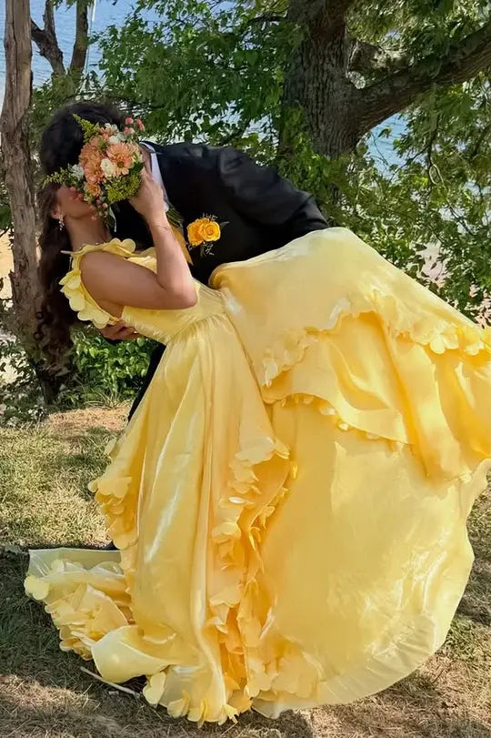 Luolandi Elegant A-Line Straps Sleeveless Yellow Long Formal Prom Dress Charming Evening Party Dress