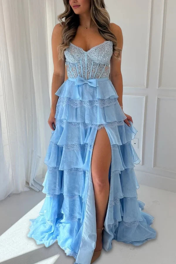 Elegant A-Line Sweetheart Sleeveless Tiered Chiffon Long Prom Dress With Slit