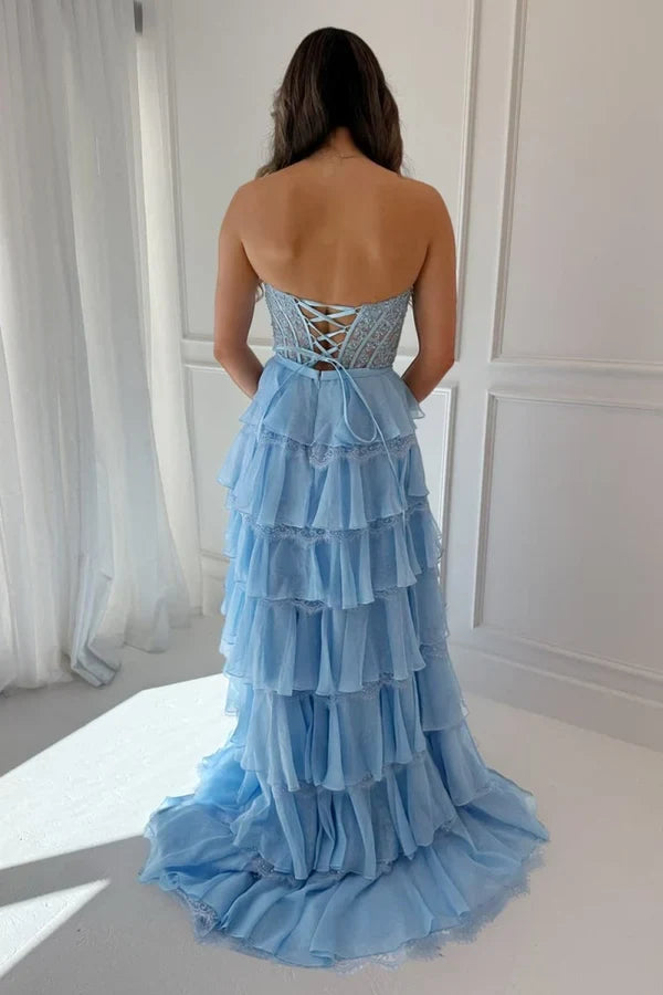 Elegant A-Line Sweetheart Sleeveless Tiered Chiffon Long Prom Dress With Slit