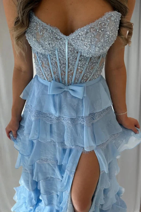Elegant A-Line Sweetheart Sleeveless Tiered Chiffon Long Prom Dress With Slit