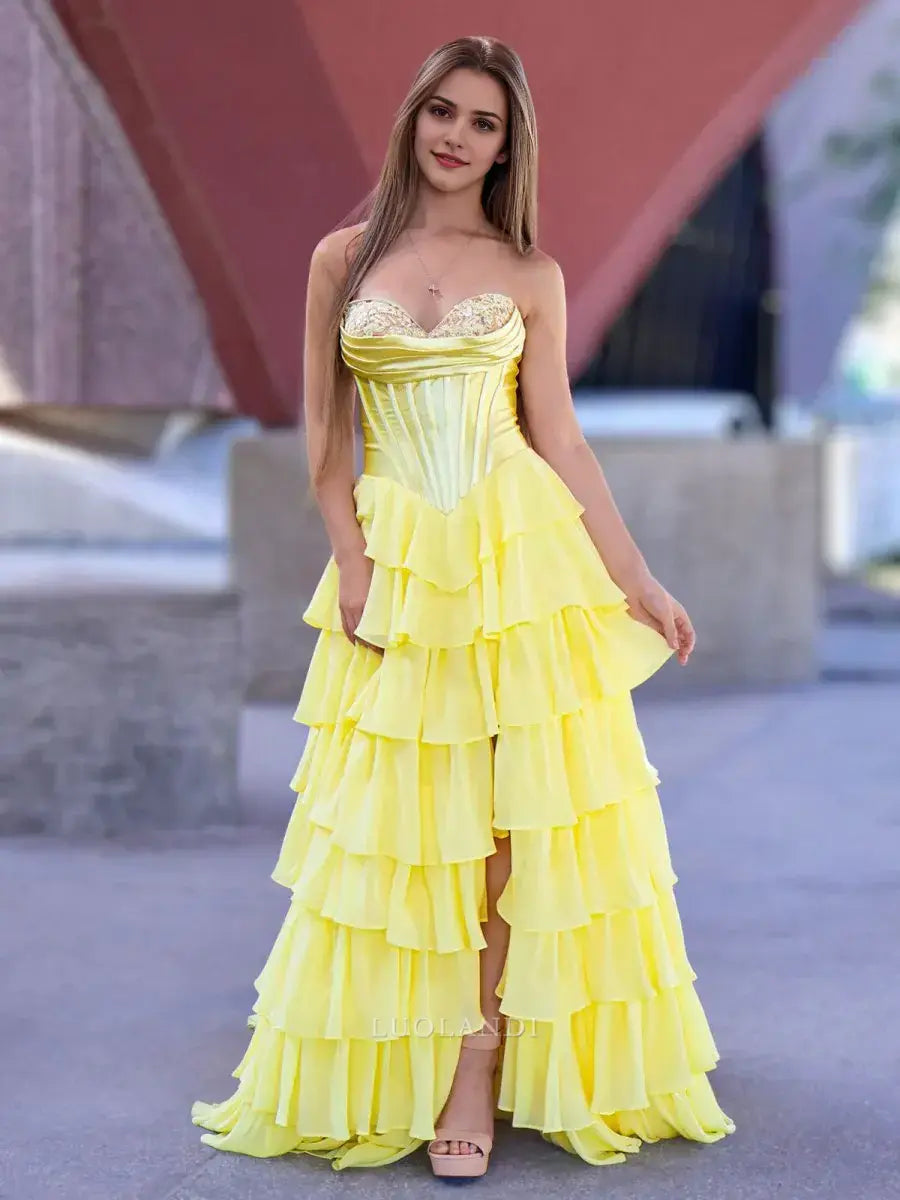 Luolandi Elegant A-Line Sweetheart Strapless Ruffle Layered Long Formal Prom Dress With Slit Elegant Birthday Party Dress Charming Evening Gown