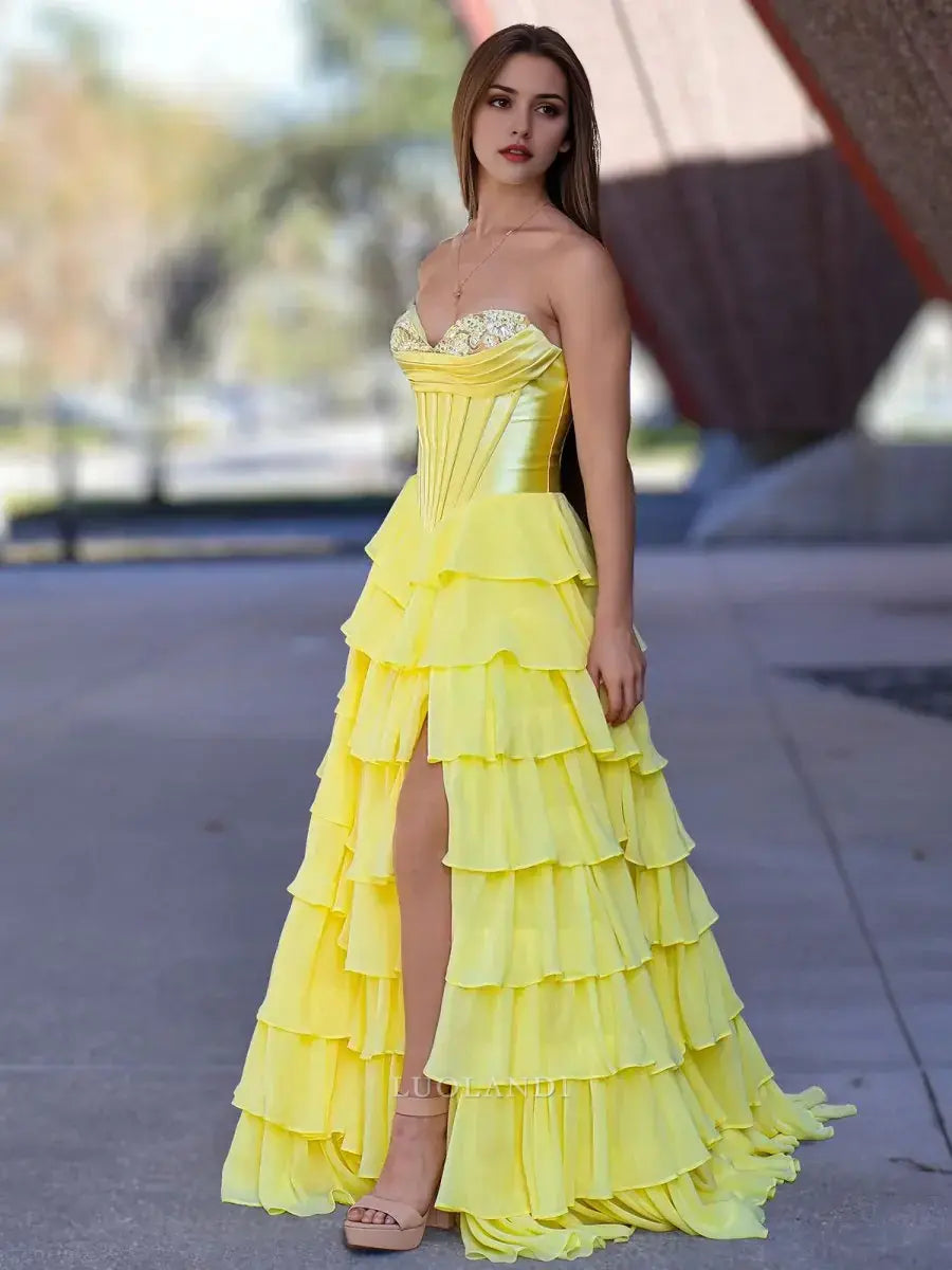 Luolandi Yellow Elegant A-Line Sweetheart Strapless Ruffle Layered Long Formal Prom Dress With Slit Elegant Birthday Party Dress Charming Evening Gown