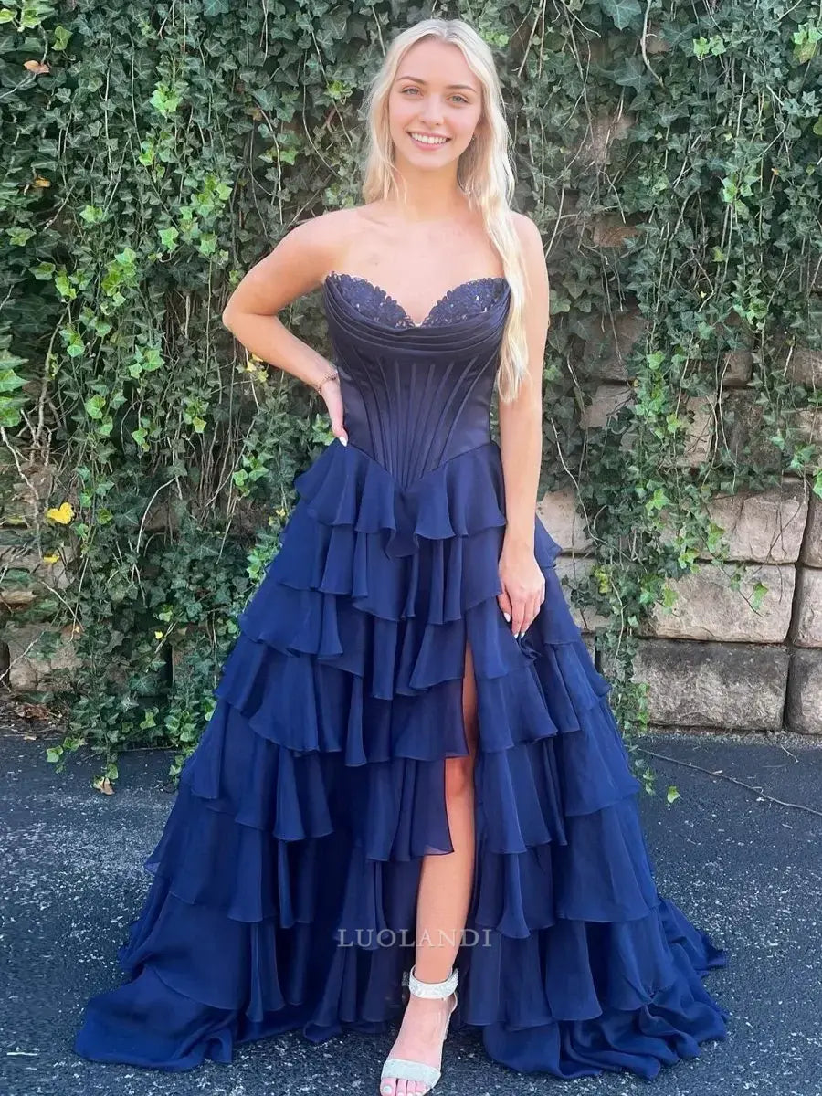 Luolandi Elegant A-Line Sweetheart Strapless Ruffle Layered Long Formal Prom Dress With Slit Elegant Birthday Party Dress Charming Evening Gown